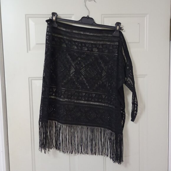 Black Sheer Lace Fringe Swim Cover-Up Sarong Womens One Size - Picture 3 of 10
